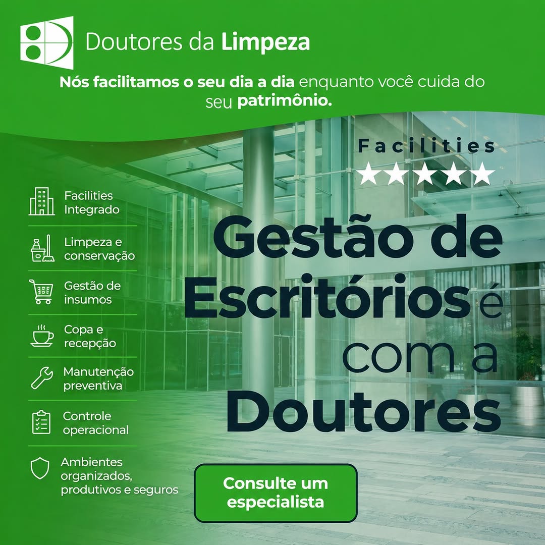 Seu escritório funcionando com excelência, organização e eficiência todos os dias.

A Doutores da Limpeza vai além da limpeza profissional.
Oferecemos soluções completas em Gestão de Escritórios, cuidando da operação para que sua empresa foque no que realmente importa: crescer.

✔️ Facilities Integrado
✔️ Limpeza e conservação
✔️ Gestão de insumos
✔️ Copa e recepção
✔️ Manutenção preventiva
✔️ Controle operacional
✔️ Ambientes organizados, produtivos e seguros

Transformamos rotina em performance.
Seu escritório merece uma gestão profissional. 

Entre em contato pelo WhatsApp 11 2503-5508 e descubra como podemos elevar o padrão da sua operação.

#gestãodeescritórios #facilities #facilitymanagement #gestaopredial #escritoriocorporativo #limpezaprofissional #terceirização #infraestruturacorporativa #officemanagement #gestãooperacional #corporativo #empresas #Business #serviçoscorporativos #ambientecorporativo #produtividade #workplace #doutoresdalimpeza #facilitiesbrasil #serviçosterceirizados #manutençaopredial #conservação #gestaointeligente #officelife #operacaocorporativa #suportecorporativo #excelenciaoperacional #soluçõescorporativas #escritorios #facilityservices