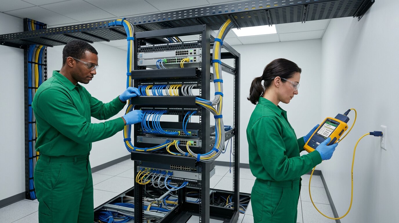 Equipe estruturando rede de dados e rack